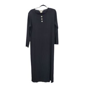Vintage 80s Misook Black Knit Maxi Dress Rhinestone Buttons XL Modest Lagenlook